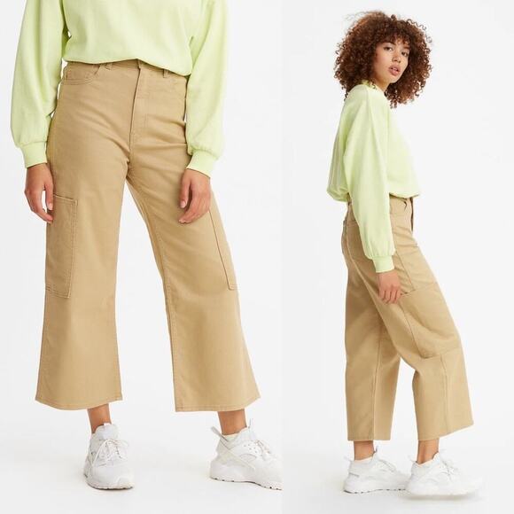Levi’s high waisted wide leg‎ utility crop tan khaki pants size 32 minimalist - Picture 1 of 8